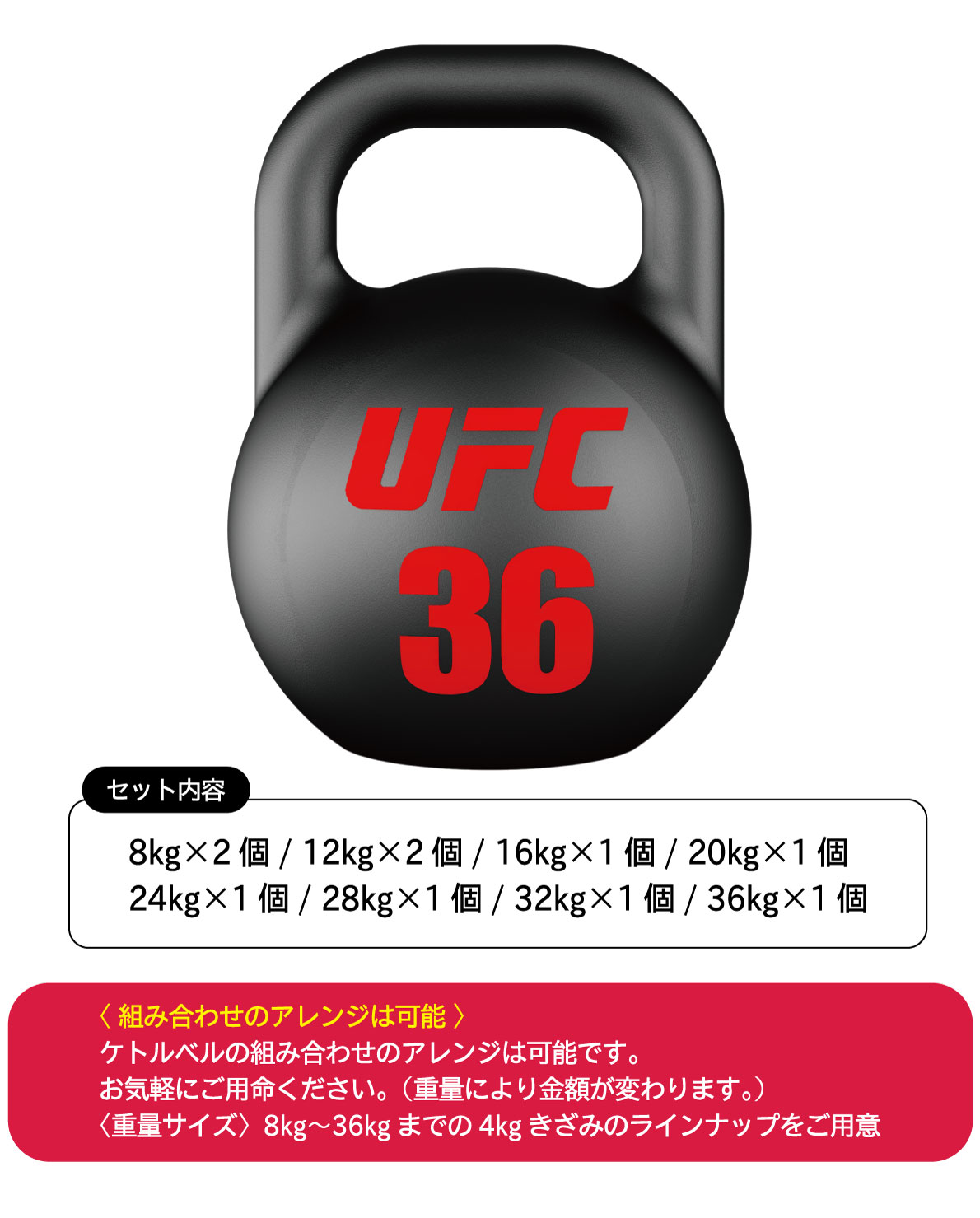 ウレタンケトルベル／ダンベルの10個セット（8kg-36kg）【ダンベル 鉄アレイ バーベル】〈業務用〉《総合格闘技UFCオフィシャル》【筋トレ  ボディメイク 肉体改造】-アイフィットネスショップ