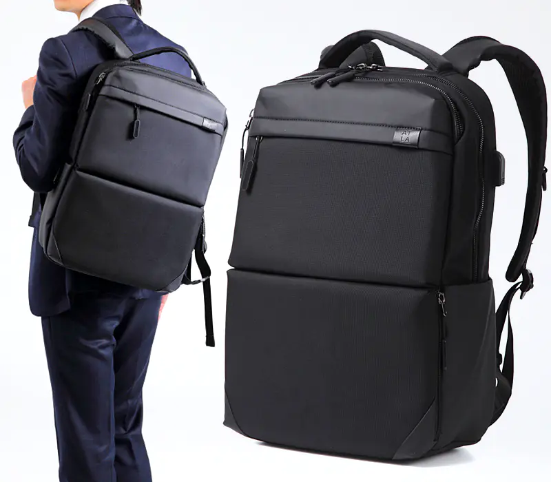 ATLA 無重力ビジネスリュック(ブラック)を背負う人物とリュック単体の画像