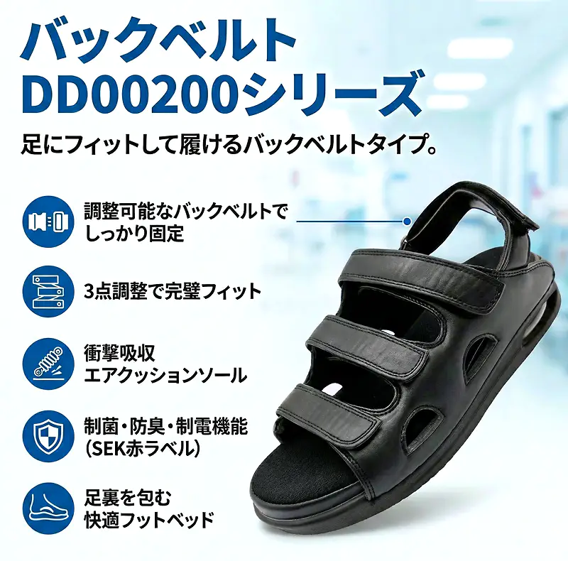 バックベルトDD00200シリーズ。足にフィットして履けるバックベルトタイプ。ブラック DD00103の特長解説画像です。