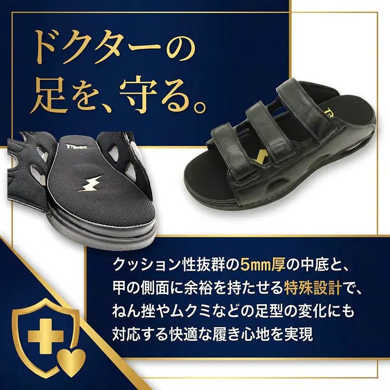 「ドクターの足を守る。」というキャッチコピーとともに、サンダルのフルオープン状態と通常状態の商品写真が配置された画像。快適な履き心地を実現することを説明しています。
