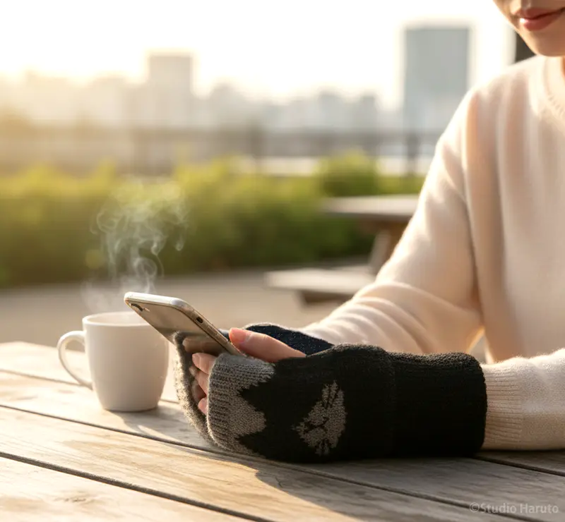 猫柄ハンドウォーマー ブラックを着用したスマートフォンを操作しているモデル女性。