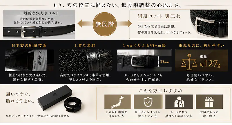 ベルト穴がなく自由に留められる無段階調整の解説。確かな品質の日本製組紐技術、本革仕様、重量約127gの扱いやすさと専用パッケージボックス。