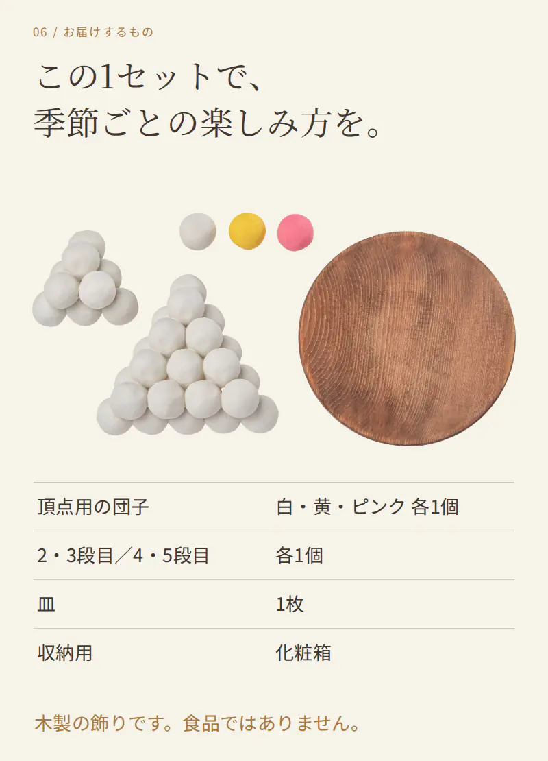 お届け内容は頂点3色各1 2・3段目1 4・5段目1 皿1 化粧箱 食品ではない木製の飾り