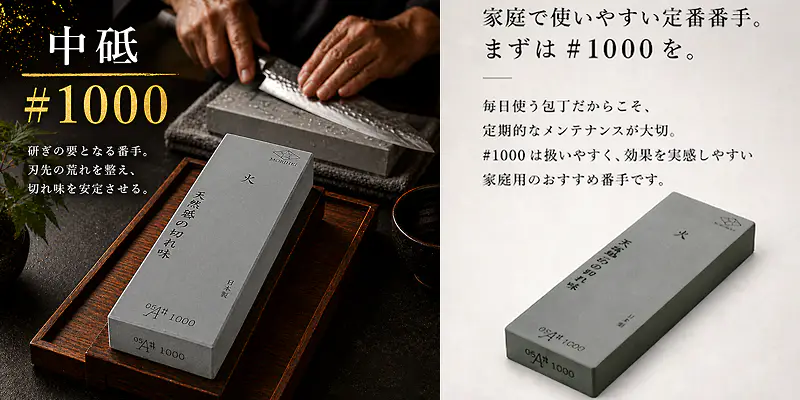 森平 人造砥石 火シリーズ 中砥＃1000の使用イメージと商品画像です。職人が包丁を研いでいる様子が映されており、刃先の荒れを整え切れ味を安定させる様子が伝わります。毎日使う包丁の定期的なメンテナンスに最適な、扱いやすく効果を実感しやすい家庭用の定番番手です。