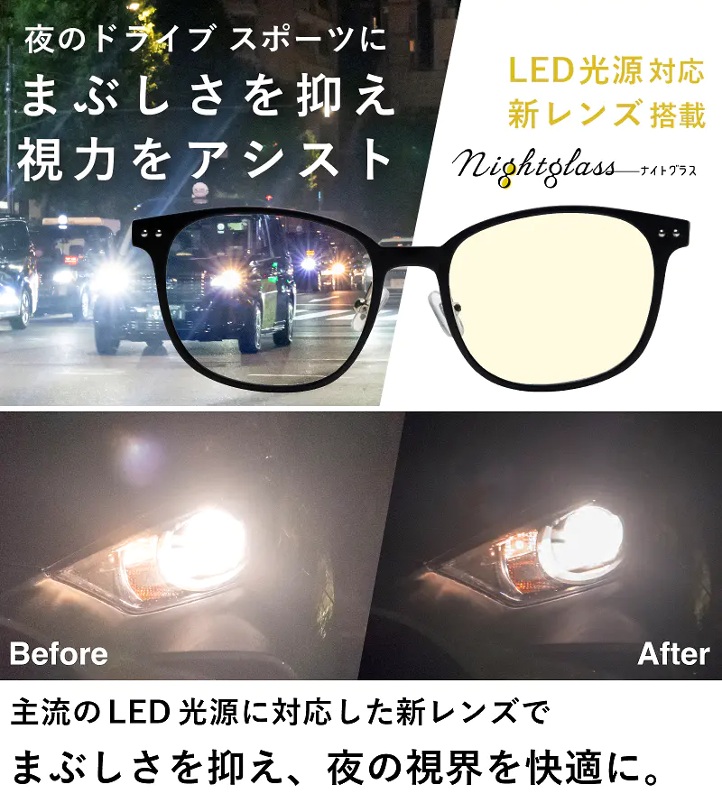 ナイトグラスLED スマート ブラックイメージと効果比較。夜のドライブやスポーツでまぶしさを抑え視力をアシストする東海光学の夜用眼鏡。LED光源対応新レンズ搭載。車のヘッドライトのまぶしさ軽減Before／After比較写真。