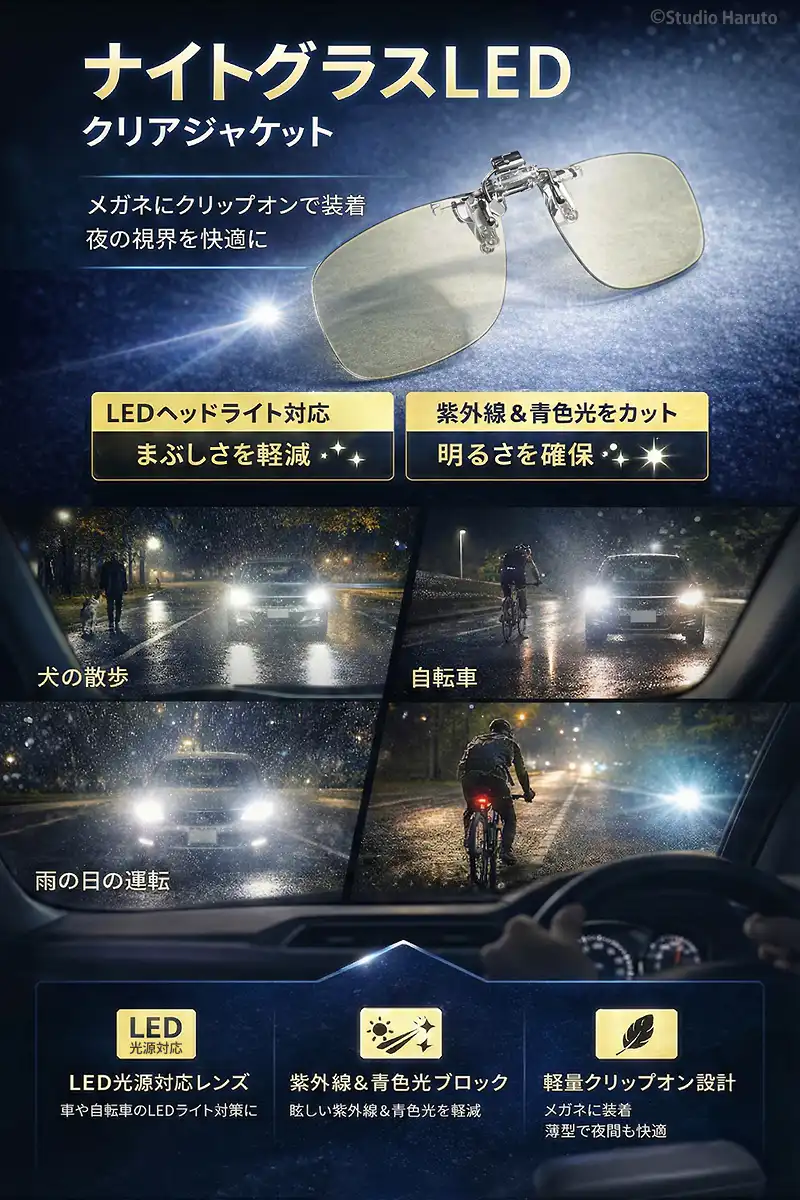 ナイトグラスLED クリアジャケットの機能と使用シーンの紹介。普段のメガネにクリップオンで装着し、夜の視界を快適にする設計。LEDヘッドライト対応でまぶしさを軽減し、紫外線と青色光をカットして明るさを確保。犬の散歩、自転車、雨の日の夜間運転など、強い光が気になるシーンで活躍。軽量設計で夜間も快適な着け心地。