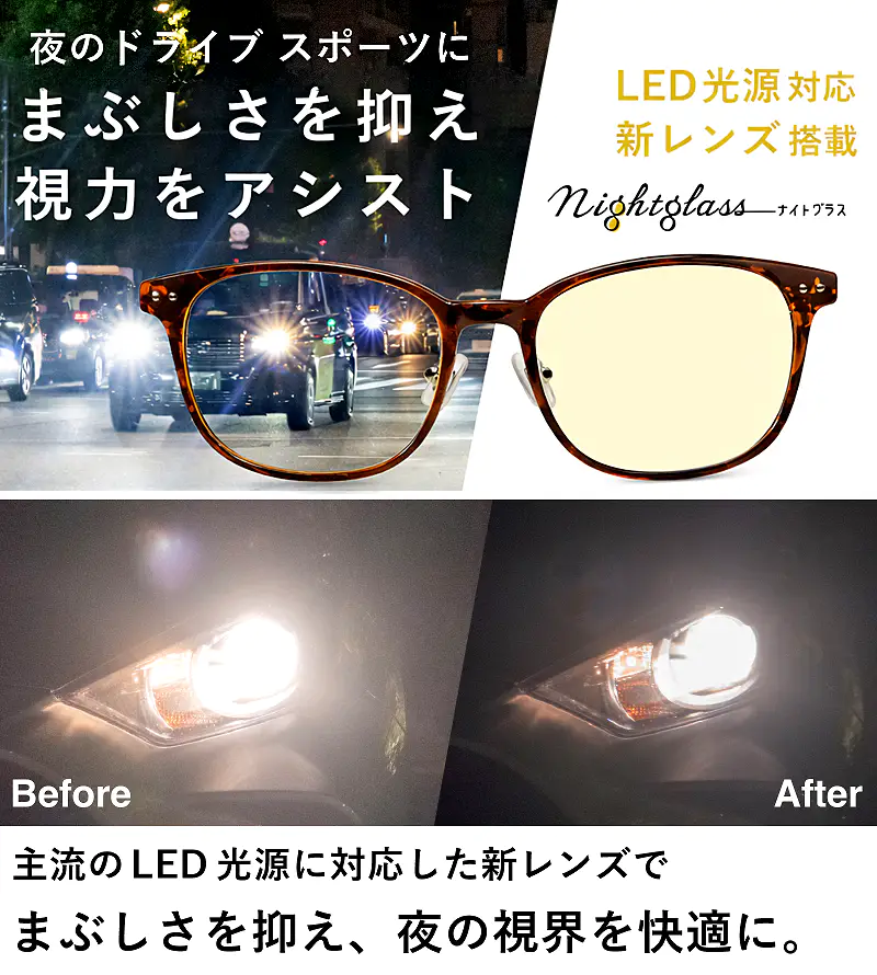 ナイトグラスLED スマート ブラウンデミイメージと効果比較。夜のドライブやスポーツでまぶしさを抑え視力をアシストする東海光学の夜用眼鏡。LED光源対応新レンズ搭載。車のヘッドライトのまぶしさ軽減Before／After比較写真。