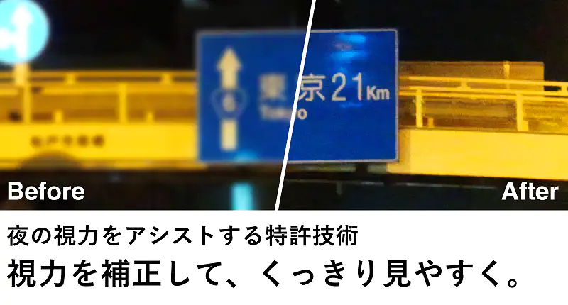 夜間の視界補正効果（視力アシスト機能）の比較画像。左側（Before）は道路の案内標識がぼやけて文字が読みづらい状態。右側（After）は特許技術のレンズによりピントが合い、標識の「東京 21km」などの文字がくっきりと鮮明に見えている様子。「視力を補正して、くっきり見やすく」する効果を実証。