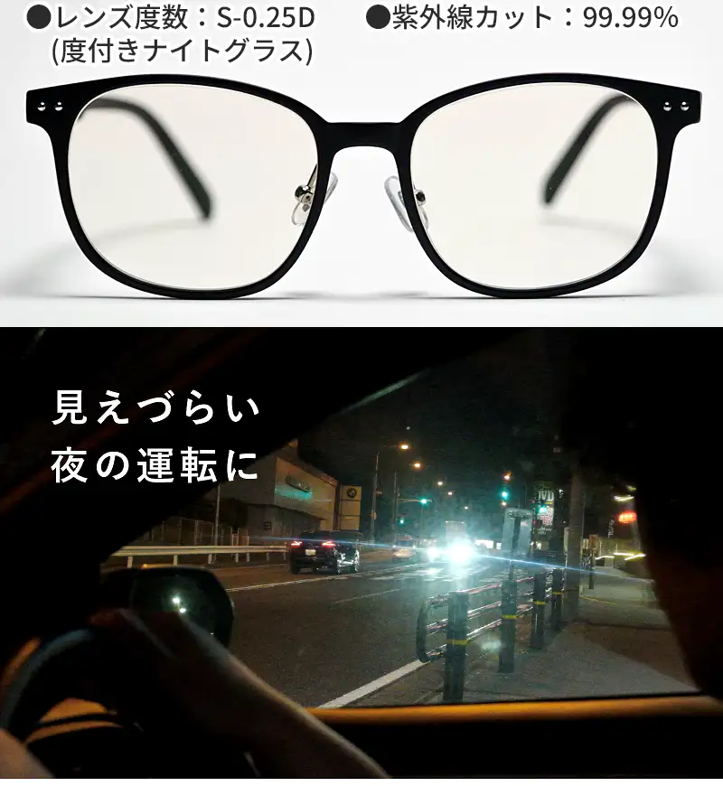 ナイトグラスLED スマート ブラック正面写真と夜間運転の悩みイメージ。レンズ度数S-0.25D、紫外線カット99.99％のスペック表記。対向車のヘッドライトが眩しい「見えづらい夜の運転に」対応する夜用サングラス。