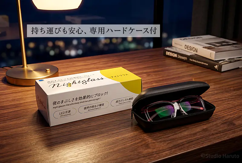 持ち運びも安心の専用ハードケースとパッケージ。立体的なナイトグラスのフレームをしっかり守り、安全に保管・携帯できます。
