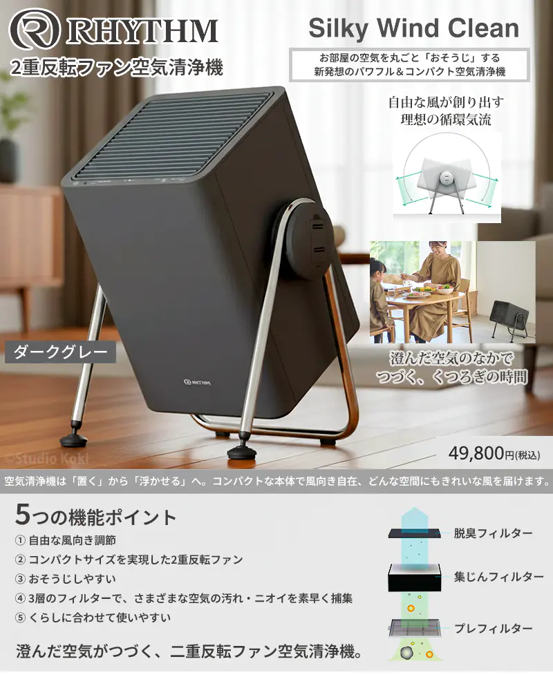 RHYTHM 2重反転ファン空気清浄機 Silky Wind Clean ダークグレーの機能紹介