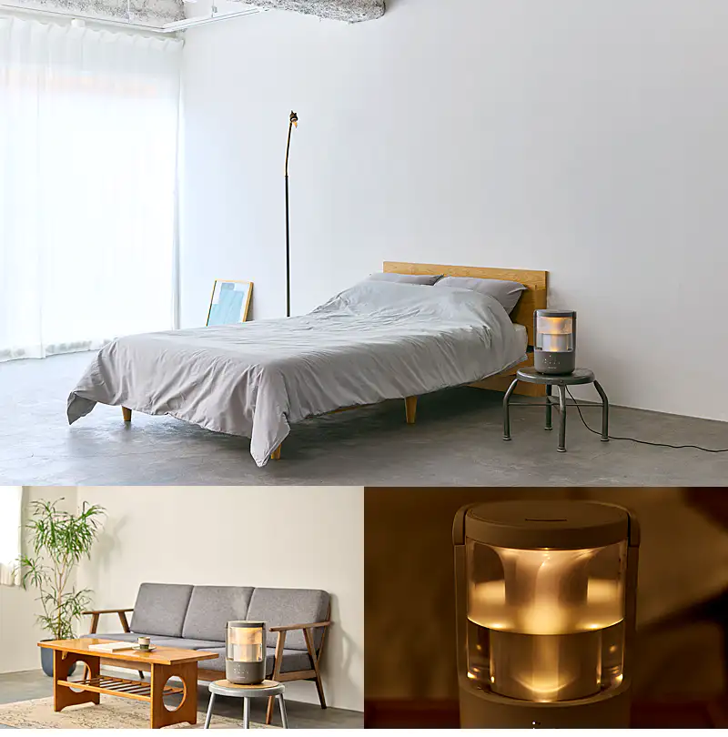 RHYTHM MIST 250加湿器の利用シーンを複数掲載したコラージュ画像。ベッドサイドやリビングに置かれたウォームグレーの本体が、光とミストで空間を演出する様子。