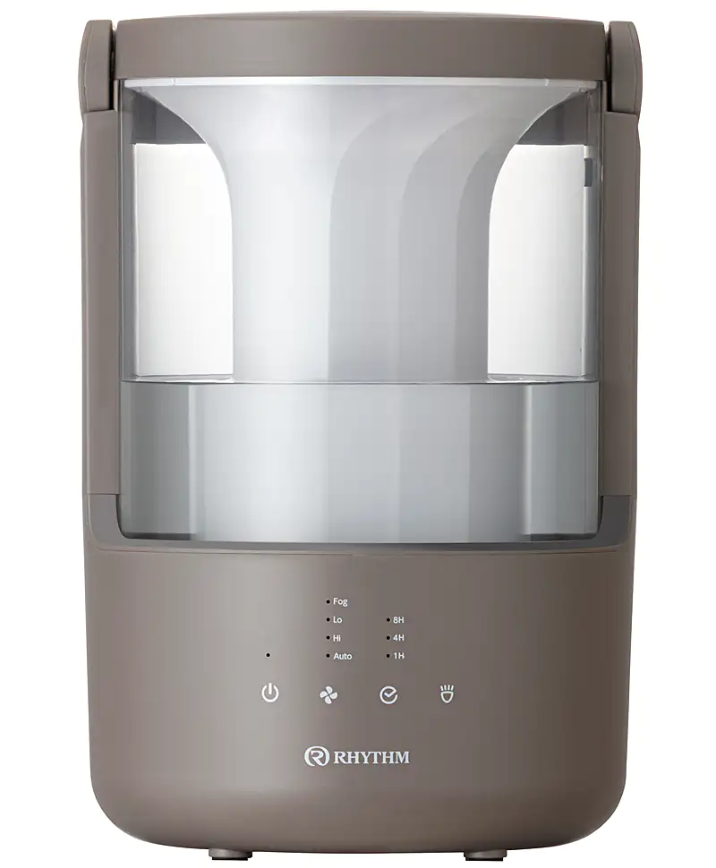 RHYTHM MIST 250加湿器のウォームグレーモデルの正面画像。タンクの水の残量と、運転モードやタイマー設定を示す操作パネル。
