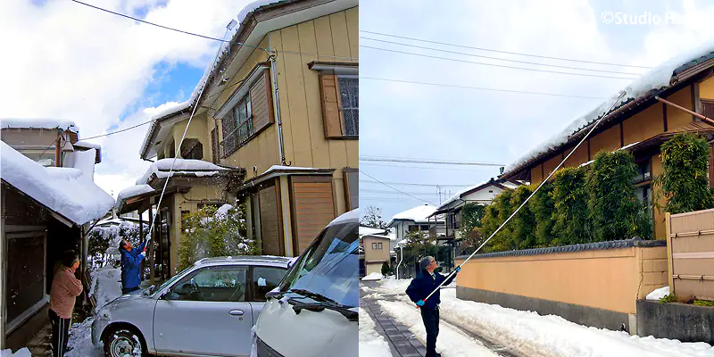雪下ろし 6Mで2階建て住宅の屋根や高い場所の雪を地上から安全に下ろす作業風景。