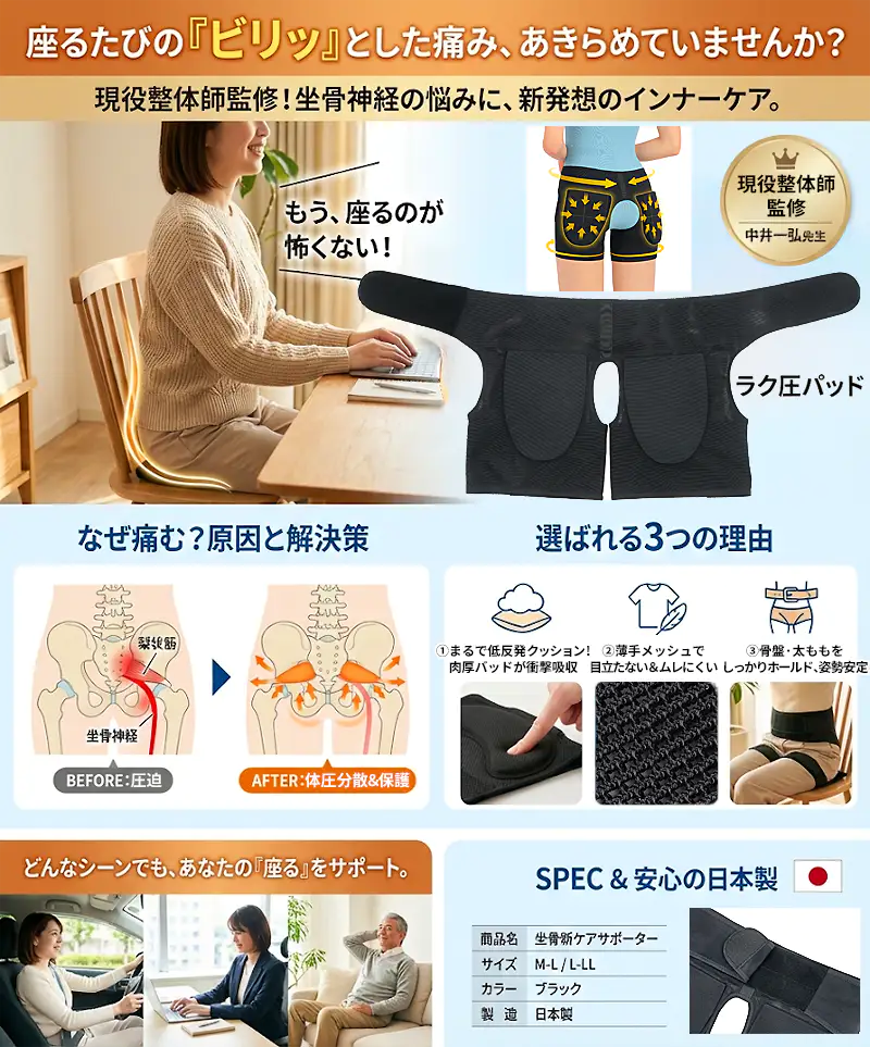 坐骨新ケアサポーターの特徴まとめ。現役整体師監修のポイント、原因と解決策の図解、選ばれる3つの理由。