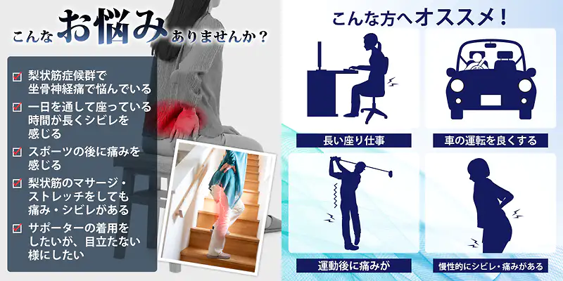 坐骨神経痛やシビレなどのお悩みチェックリストと、長時間の座り仕事や運転などおすすめのシーン。