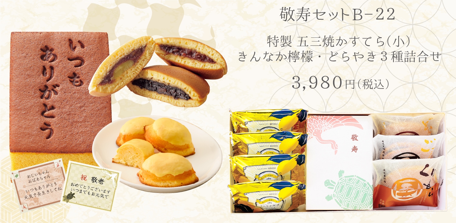 【送料込】敬寿セットB-22　特製 五三焼かすてら（290g）・きんなか檸檬（レモンケーキ）×4個・どらやき3種（各1個）