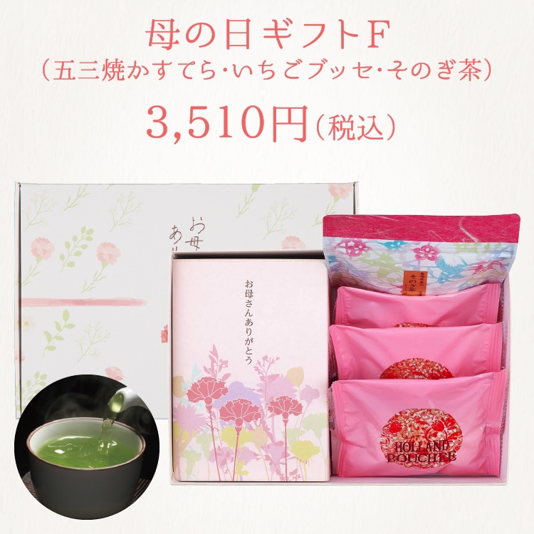 【送料込】ギフトF　特製 五三焼かすてら（290g）・いちごブッセ×3個・そのぎ茶ティーパック5個入