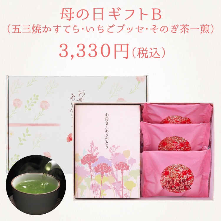 【送料込】ギフトB　特製 五三焼かすてら（290g）・いちごブッセ×3個・そのぎ茶一煎袋