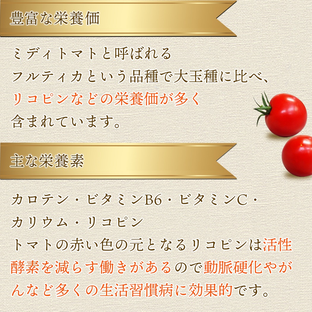 ミディトマトと呼ばれる フルティカという品種で大玉種に比べ、 リコピンなどの栄養価が多く 含まれています。 