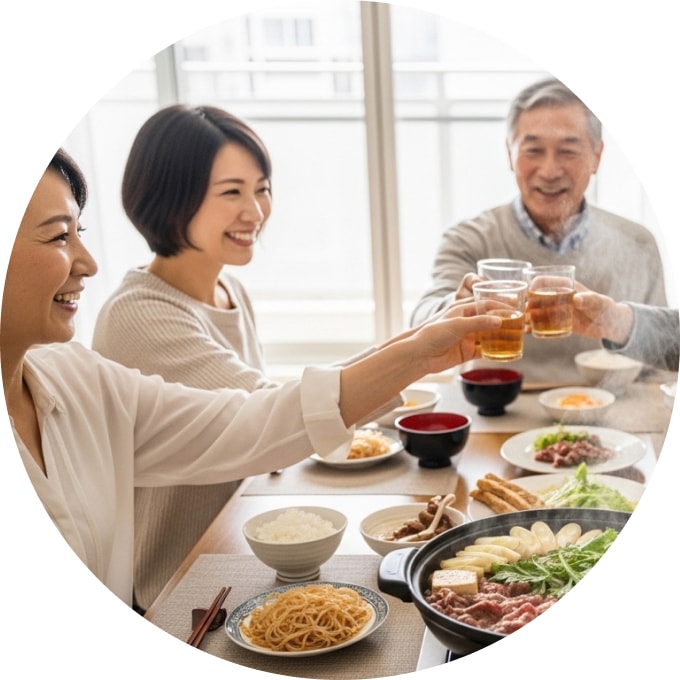 家族で楽しむすき焼きの食卓シーン