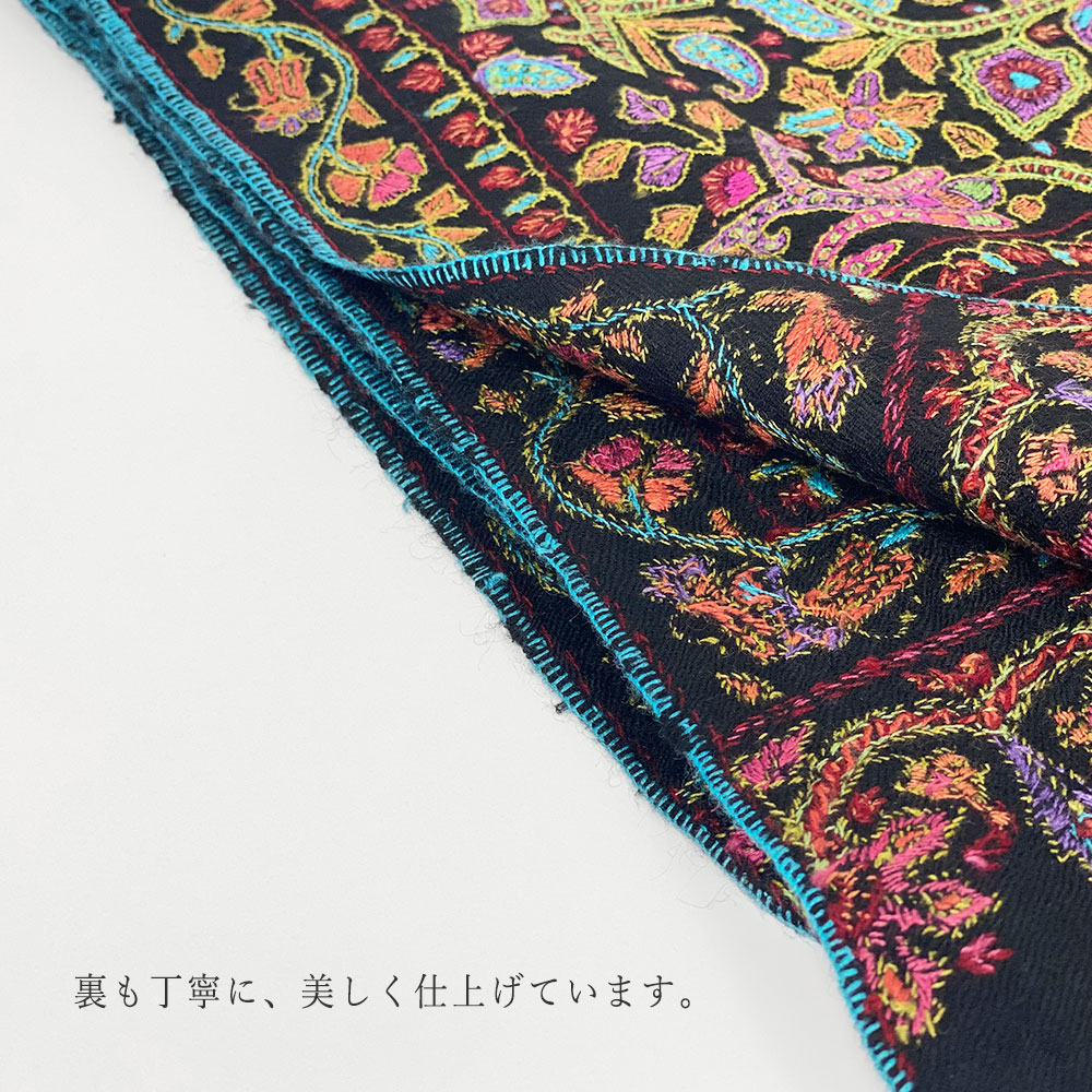 InDream 刺繍ショール パシュミナ カシミヤ 100cm巾 黒地総刺繍 花柄