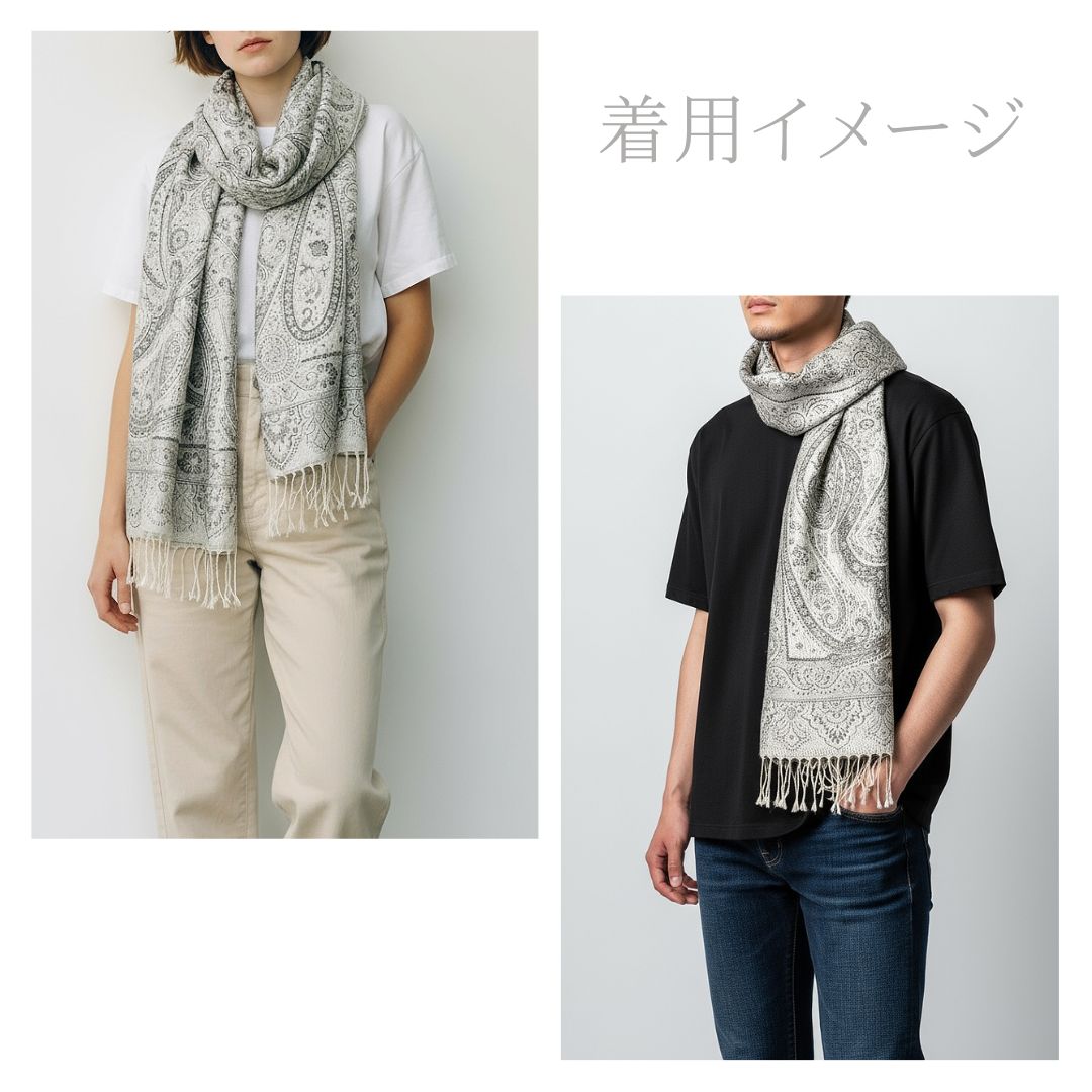 InDream ペイズリー柄 シルク ストール 大判［70cmx200cm］シルバー