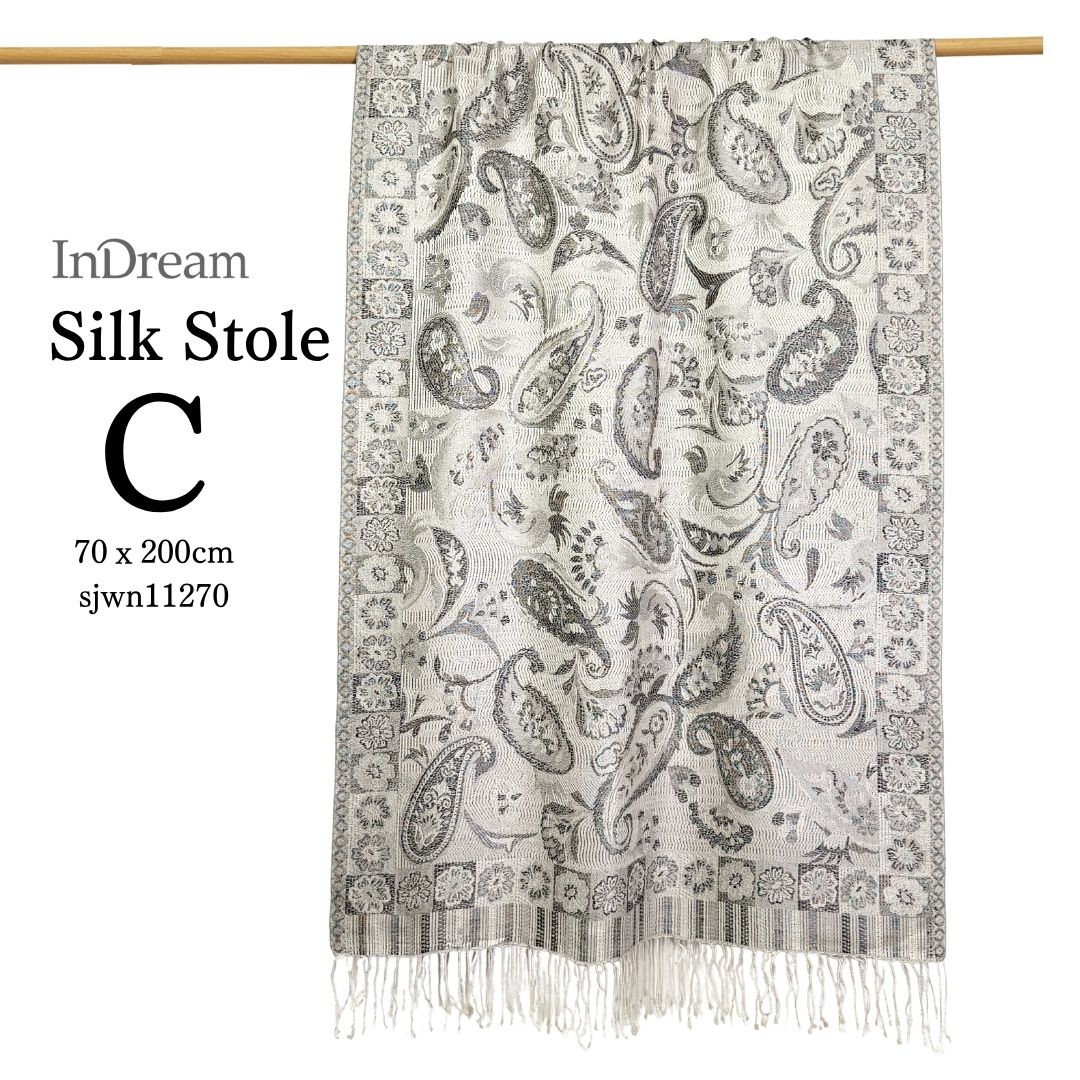 InDream ペイズリー柄 シルク ストール 大判［70cmx200cm］シルバー