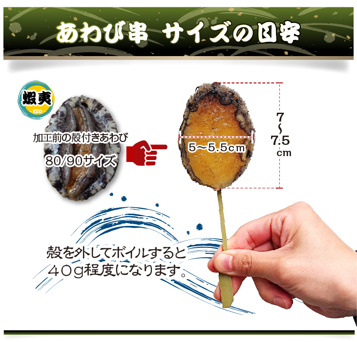 あわび串 サイズの目安。80～90gサイズの蝦夷あわびをボイルして串刺しにしました。一般的なあわび串より少し大きめです