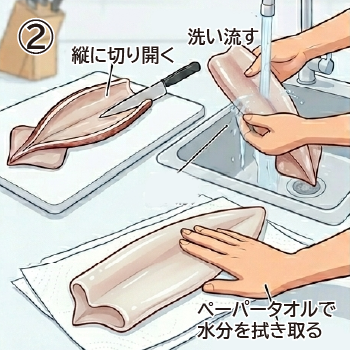 イカの捌き方2：汚れを取り除く