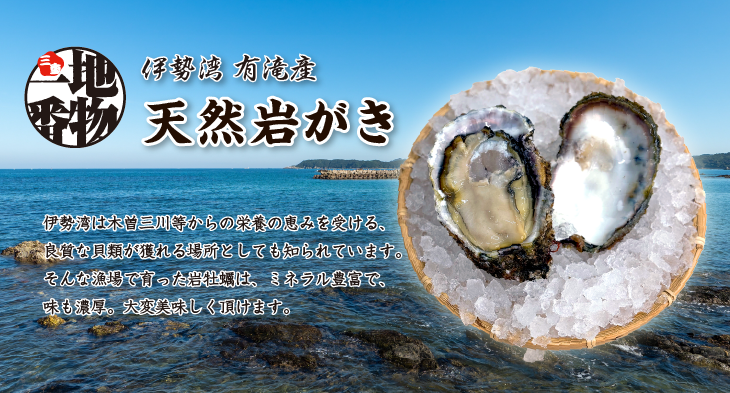 「有滝産 天然岩がき」伊勢湾は木曽三川等からの栄養の恵みを受ける、良質な貝類が獲れる場所としても知られています。そんな漁場で育った岩牡蠣は、ミネラル豊富で味も濃厚。大変美味しく頂けます。