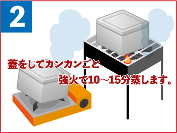 その2）蓋をしてカンカンごと、強火で10～15分蒸らします