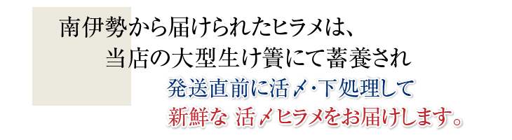 南伊勢から届けられたカンパチは、当店の大型水槽から、発送直前に活き〆して、新鮮な活け〆カンパチをお届けします。