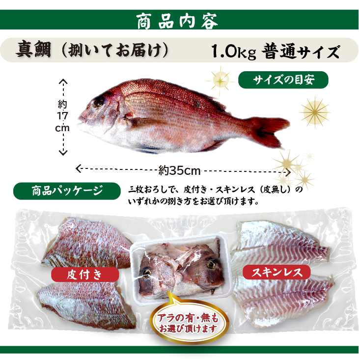 真鯛 サイズの目安と商品内容。