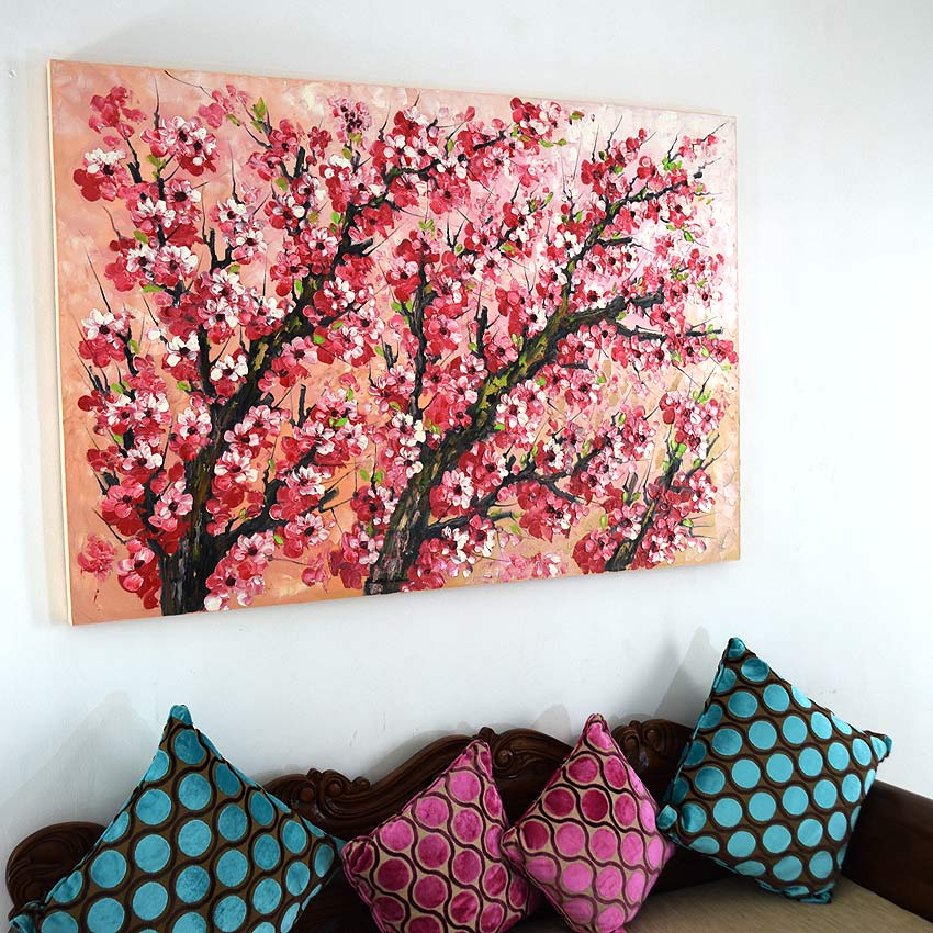 可憐に咲く紅い桜の油絵