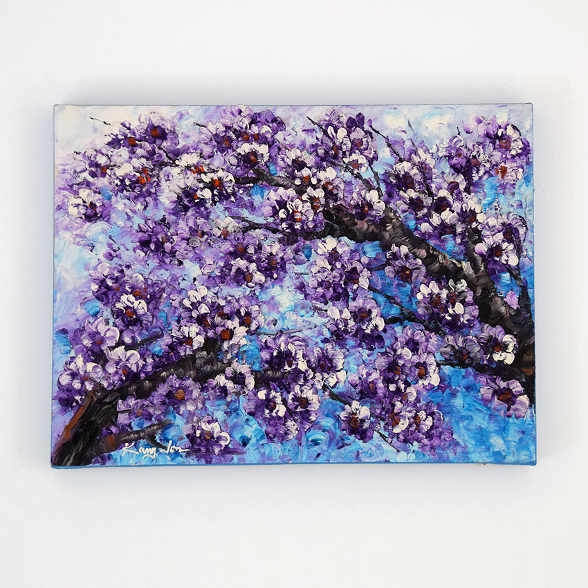青紫で描かれた桜の油絵