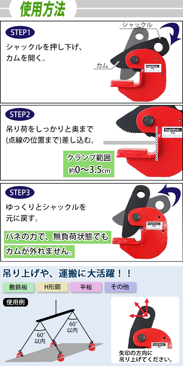 横吊クランプ 定格容量約1.6t クランプ範囲約0～3.5cm クランプ 水平