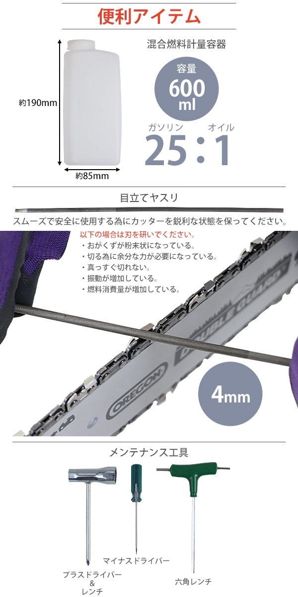 チェーンソー エンジン式 12インチ 最大切断径26cm 排気量約25cc 馬力