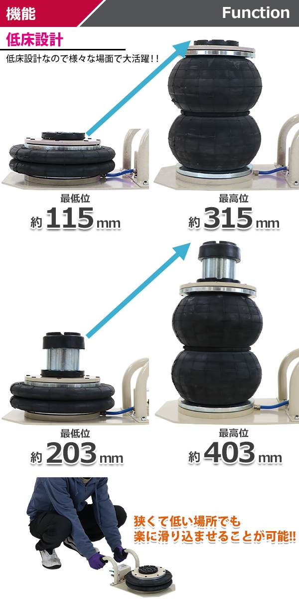 バルーンジャッキ 低床タイプ アタッチメント付き 最高位403mm エアー