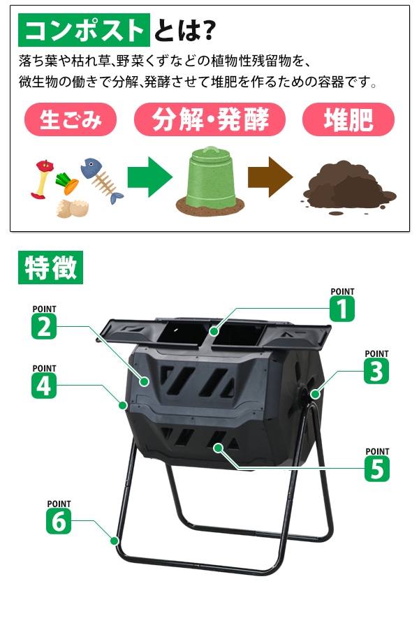 送料無料 コンポスト 回転式 160L 回転 二部屋 二層 容器 大容量 家庭