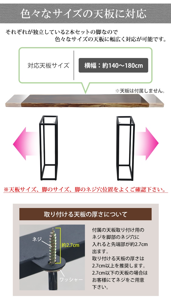 テーブル 脚 脚のみ デスク 一枚板天板用 2脚セット 口型 完成品