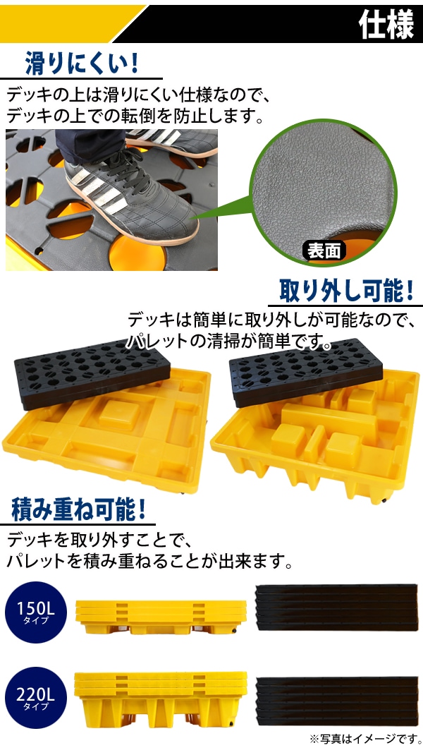 ドラム缶用パレット,選べる2タイプ,容量150L,220L,ドレン付き,4