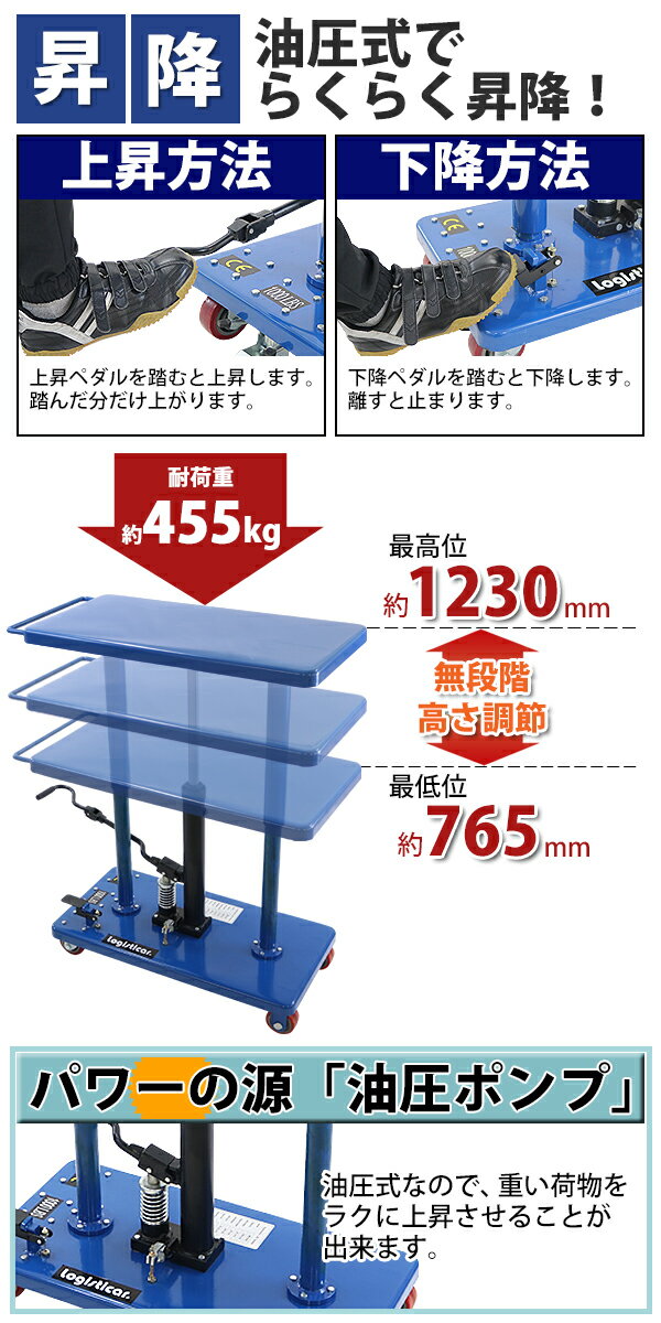 油圧式昇降作業台,昇降スタンド,耐荷重約455kg,青,油圧式,昇降式