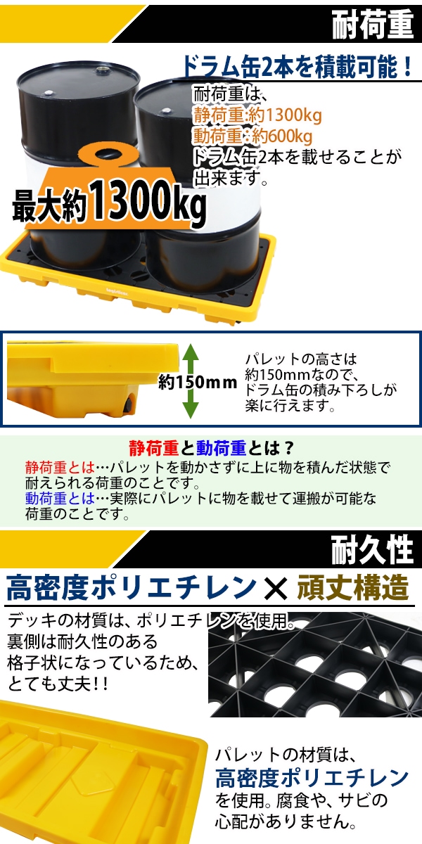 ドラム缶用パレット ドレン付き 2ドラム缶用 約W1300×D680×H150mm 最大