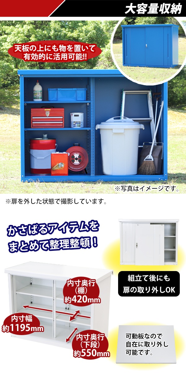 屋外物置 スチール製 家庭用収納庫 鍵付き 白 幅約1240mm×奥行約650mm×高さ約950mm UVカット 倉庫 納屋 物置き スチー –  itcnet