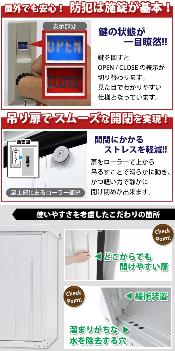 屋外物置 スチール製 家庭用収納庫 鍵付き 白 幅約1240mm×奥行約650mm×高さ約950mm UVカット 倉庫 納屋 物置き スチー –  itcnet