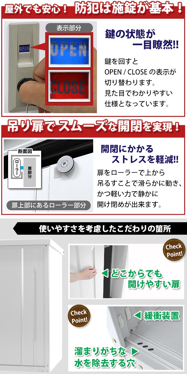 屋外物置 スチール製 家庭用収納庫 鍵付き 白 幅約1540mm×奥行約810mm×高さ約1150mm UVカット 倉庫 納屋 物置き スチ –  itcnet