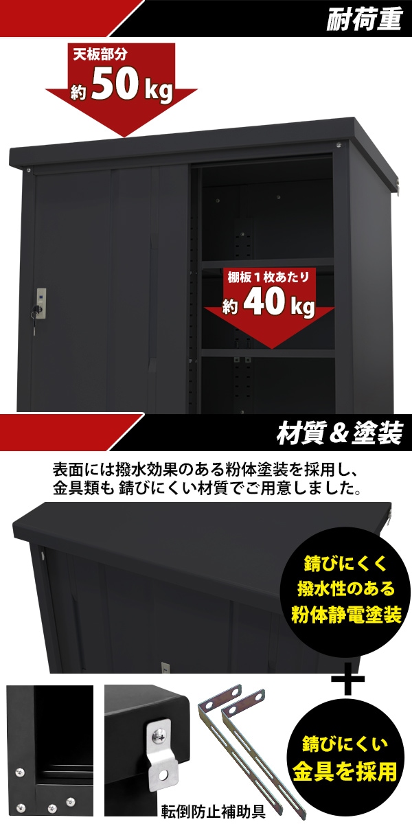 屋外物置 スチール製 家庭用収納庫 鍵付き 黒 幅約935mm×奥行約650mm×高さ約850mm UVカット 倉庫 納屋 物置き スチール –  itcnet