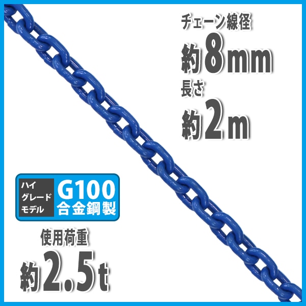 チェーン,線径約8mm,使用荷重約2.5t,約2500kg,約2m,G100,ハイグレード