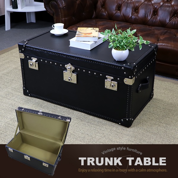 送料無料 トランクテーブル 本革仕様 黒 約幅90 奥行47 高さ43 5cm ヴィンテージ風 ビンテージ風 アンティーク調 収納 家具 インテリア テーブル トランクコーヒーテーブル コーヒーテーブル センターテーブル ローテーブル おしゃれ レトロ ブラック Trunktablek04bk